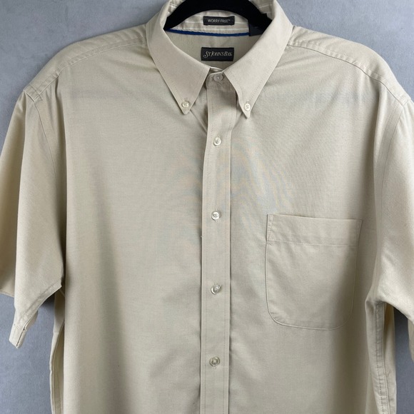 St Johns Bay Mens Tan Khaki Cotton Worry Free Short Sleeve Button Down Shirt L - Picture 3 of 7